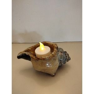 Glazed Pottery Sea Shell Candle Holder 2.5" Tall